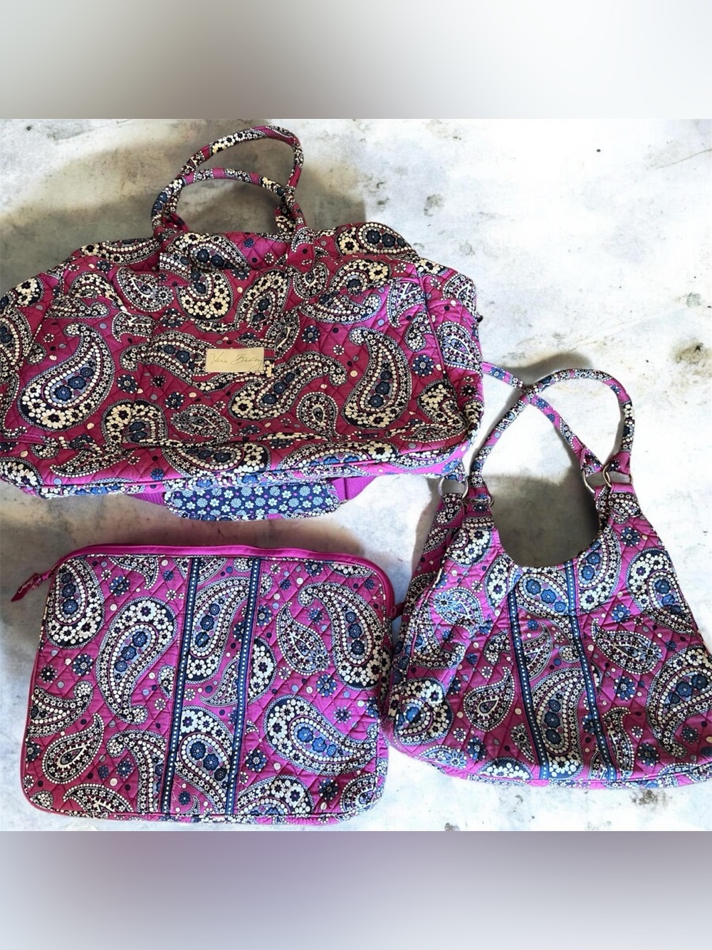 Vera Bradley boysenberry Paisley Travel Bundle XL Duffel, Laptop Bag & Purse